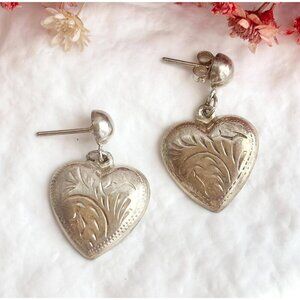 Heart Shaped Hand Carved Vintage Sterling Silver 925 Dangling Earrings